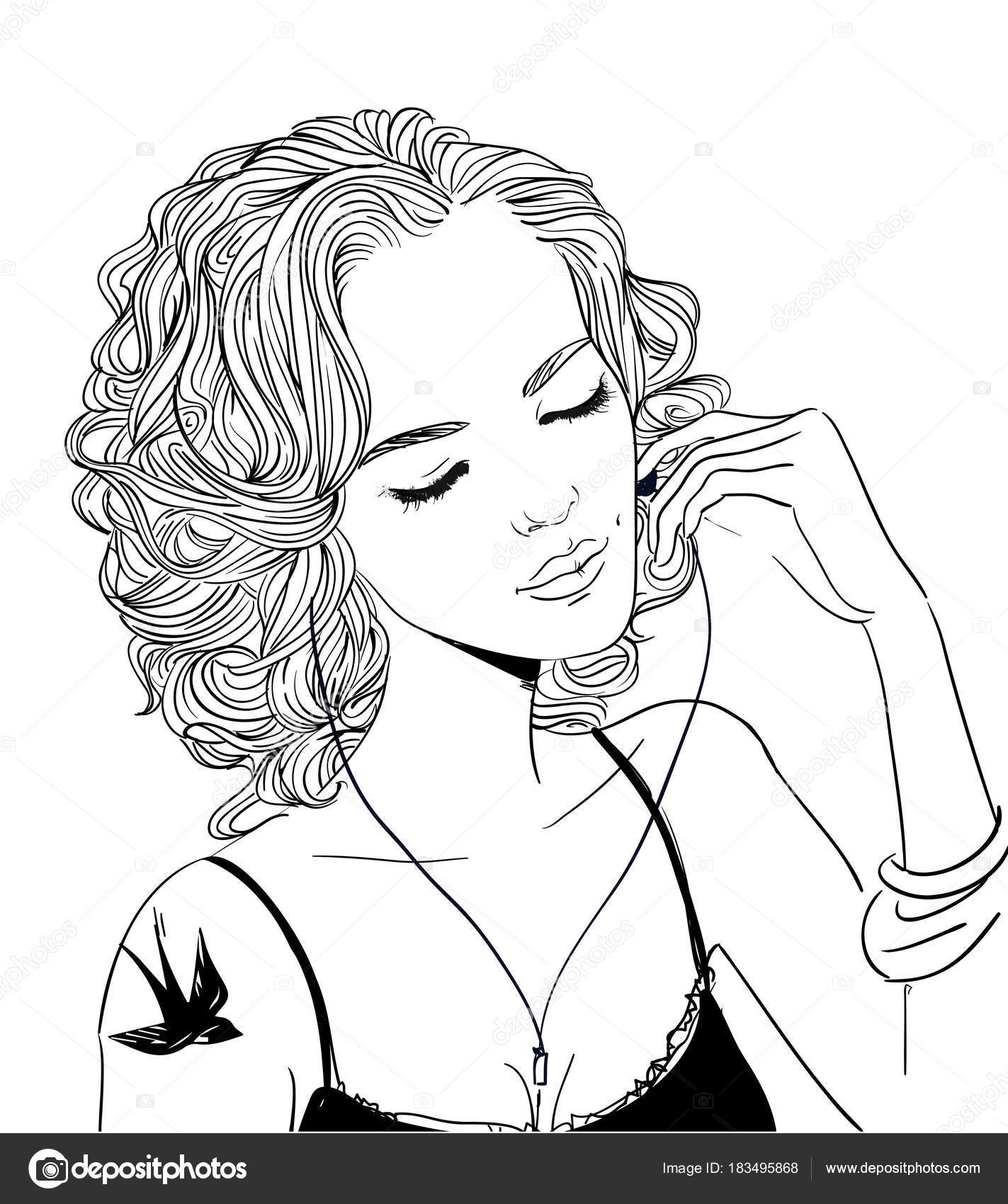 1423x1700 Beautiful Girl With Headphones Stock Vector Cofeee