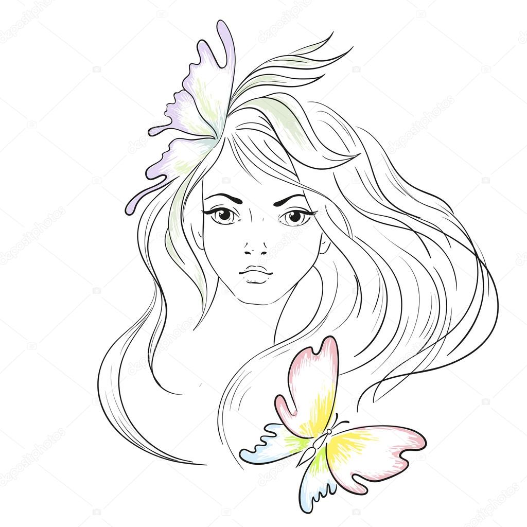 1024x1024 Beautiful Girl With Long Hair. Line Art Vector Illustration
