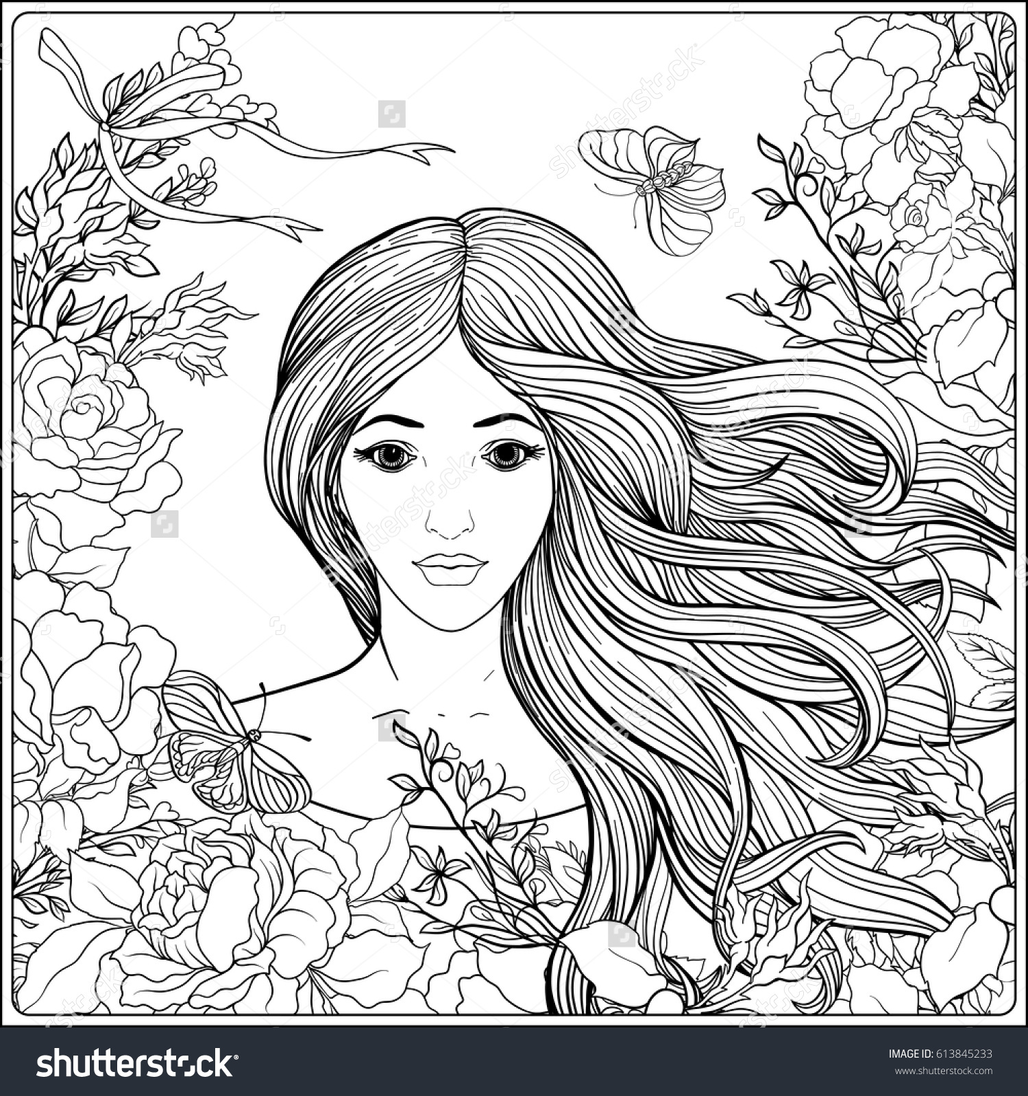 1500x1600 Young Beautiful Girl With Long Hair In Roses Garden. Stock Line