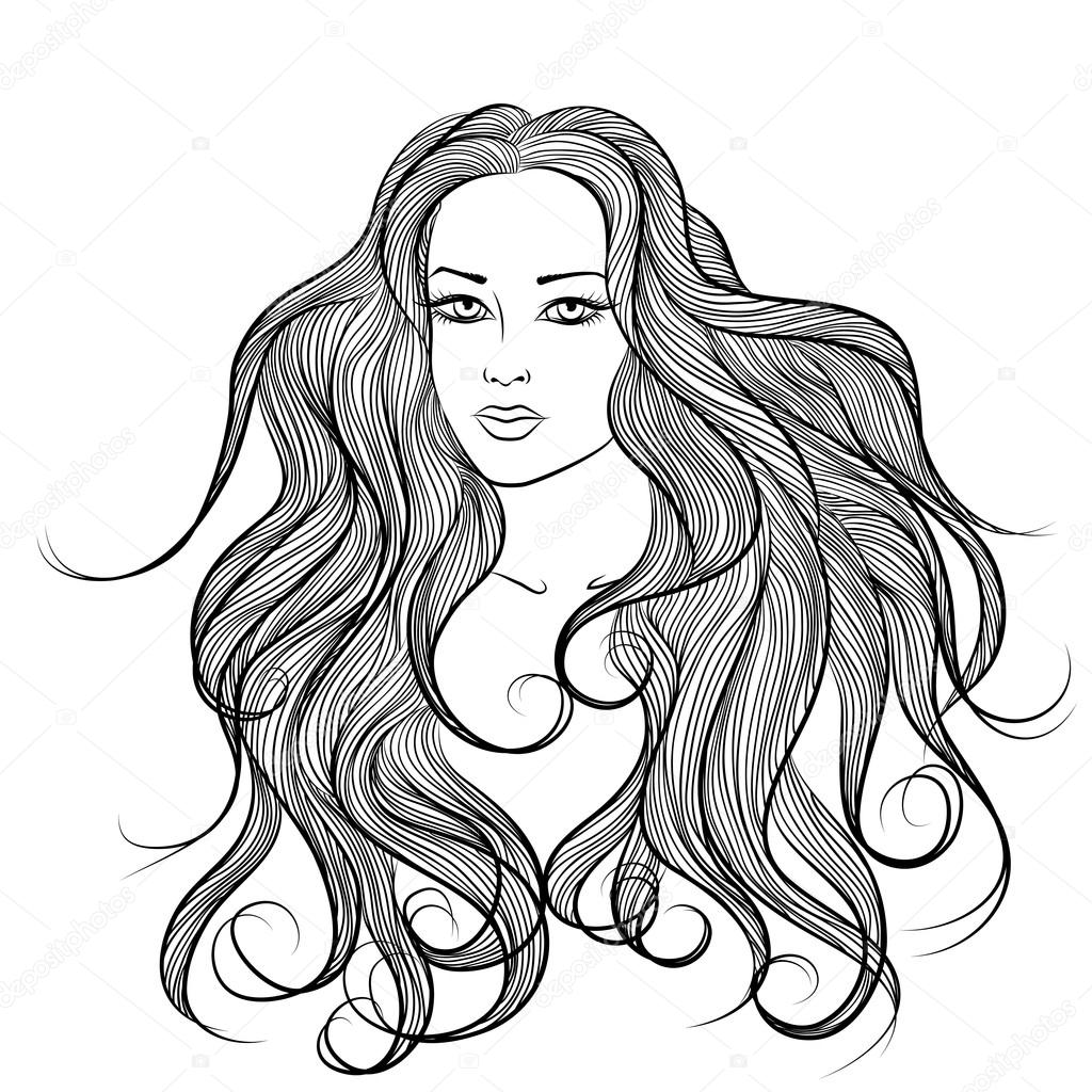 1024x1024 Face Of Long Hair Girl Outline Monochrome Drawing Stock Vector