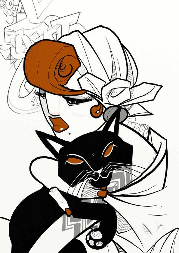 595x842 Red And Cat. Red Haired Girl 50's Style With Cat Catfish. Graffiti