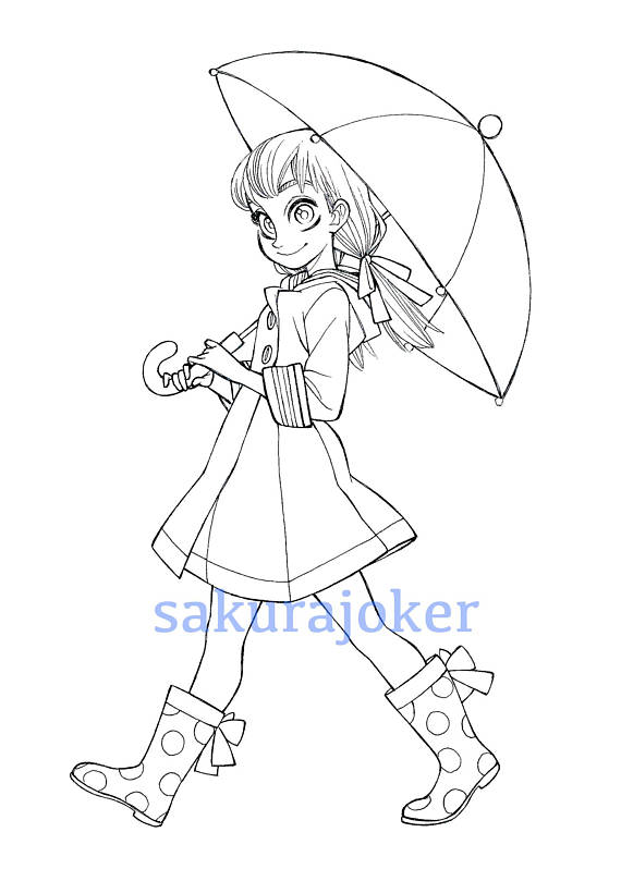 570x798 Manga Style Umbrella Girl Printable Coloring Page Pdf