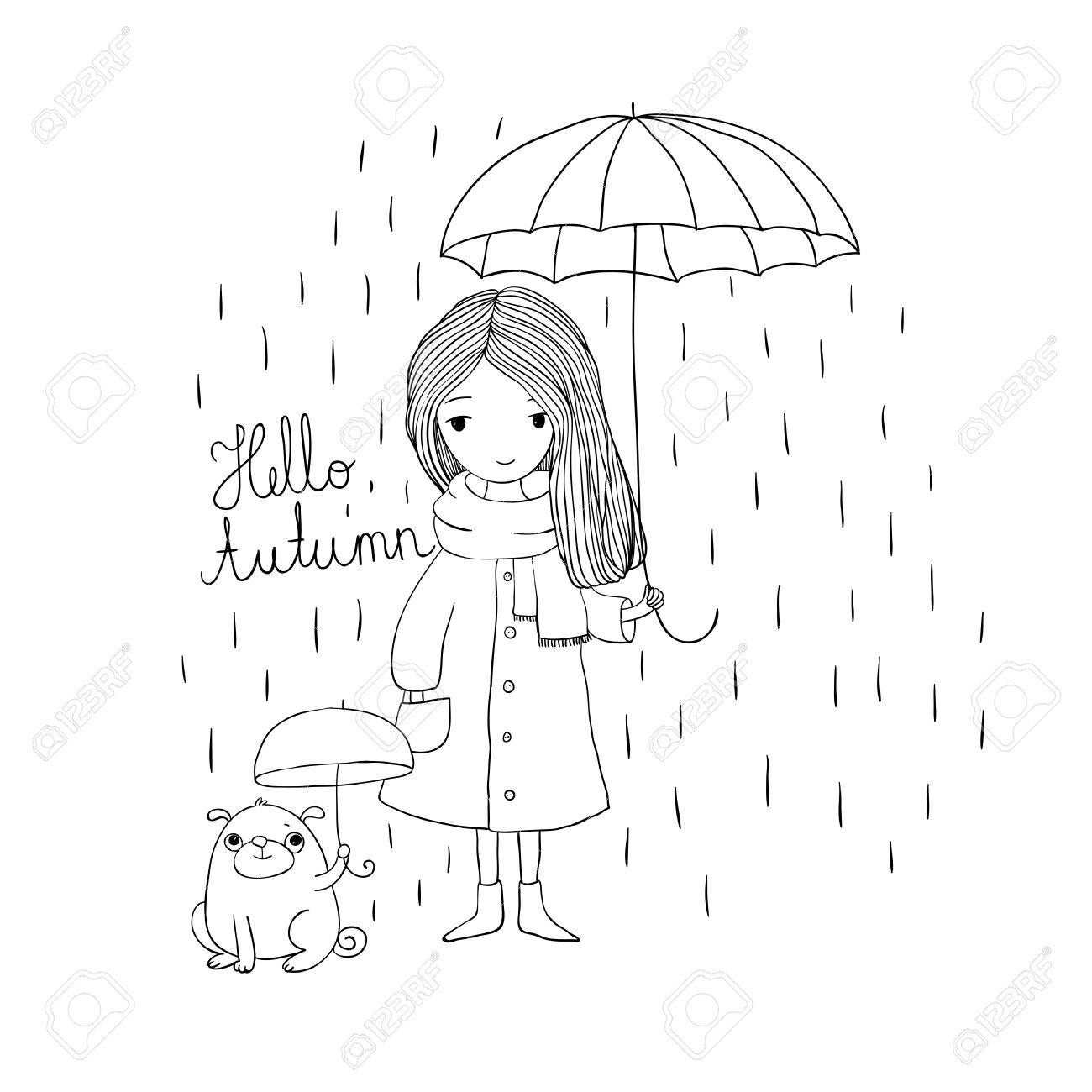 1300x1300 Beautiful Little Girl And A Cute Cartoon Pug Under An Umbrella