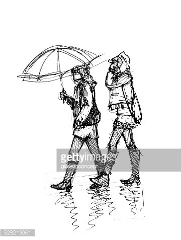 360x477 Two Girl Walking In The Rainy Day Illustration Stock Vectors