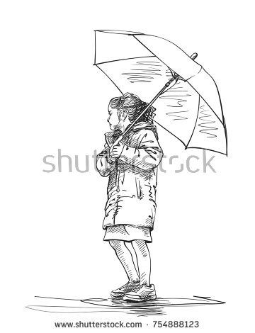 360x470 Vector Sketch Of Little Girl With Umbrella, Hand Drawn