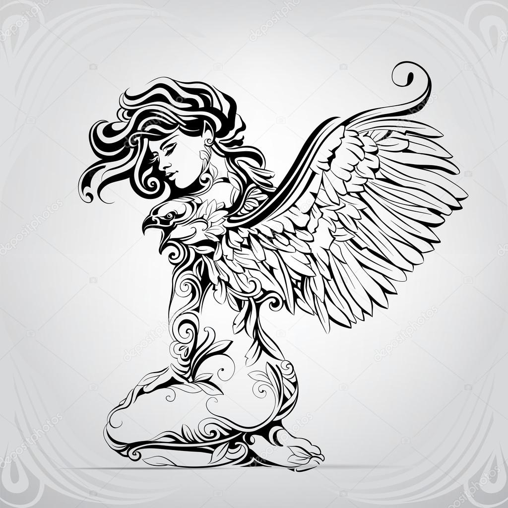 1024x1024 Girl With Wings Of Eagle Stock Vector Nutriaaa