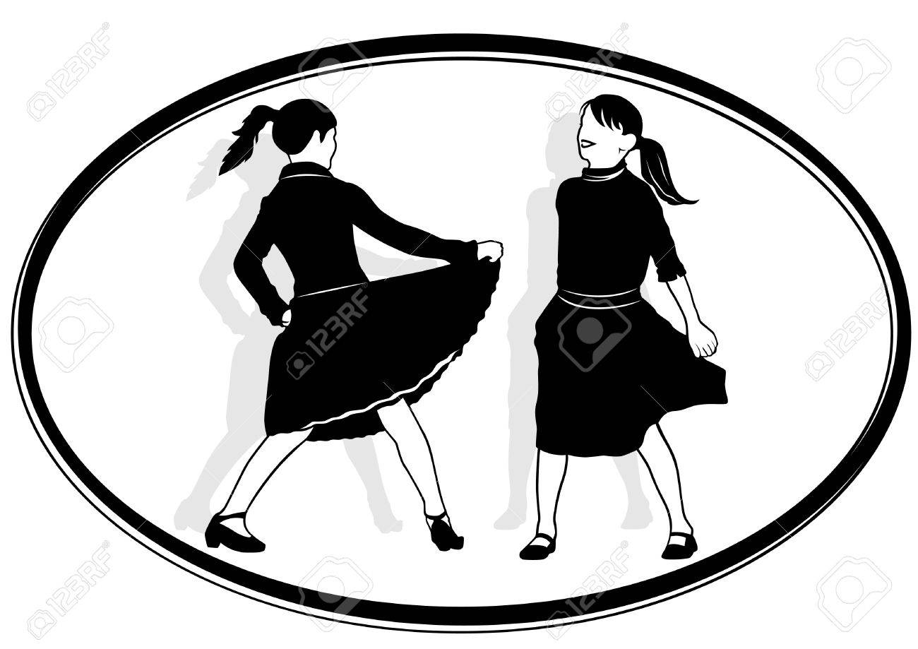 1300x919 Two Girls Dancing. Black And White Illustration. Royalty Free