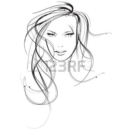 402x450 Girl Face With Beautiful Hair, Vector Sketch Royalty Free Cliparts