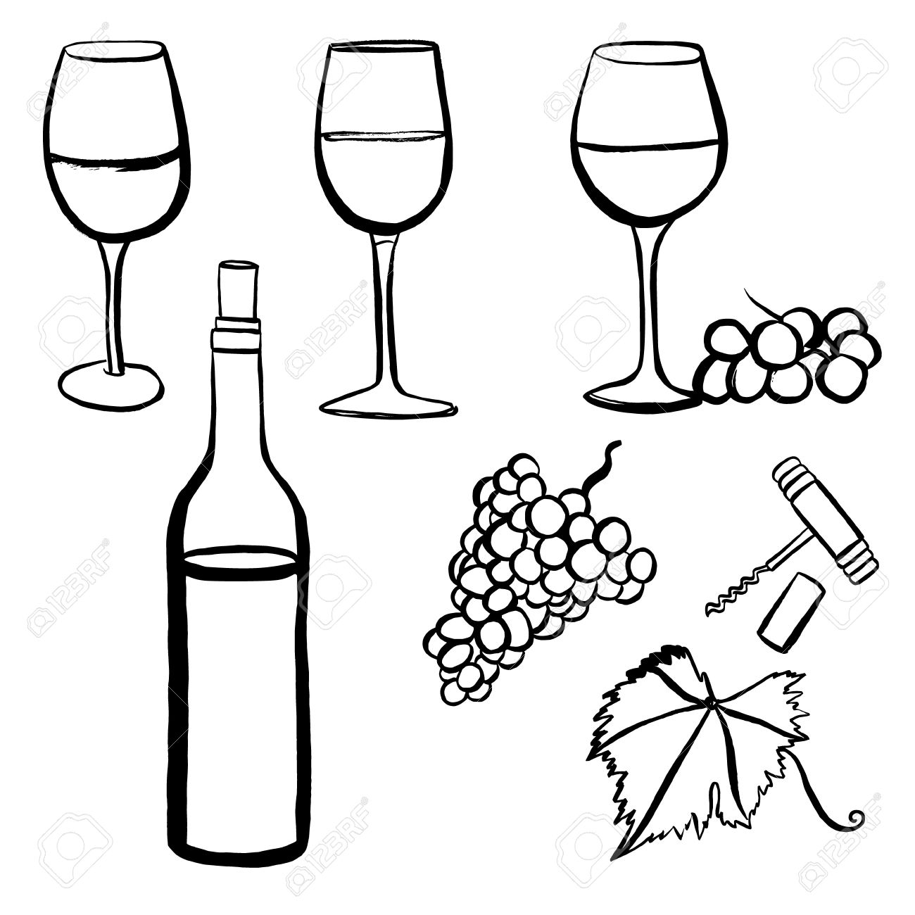 1300x1300 Vector Set Of Freehand Drawings Of Wine Glasses, Grapes, Bottle