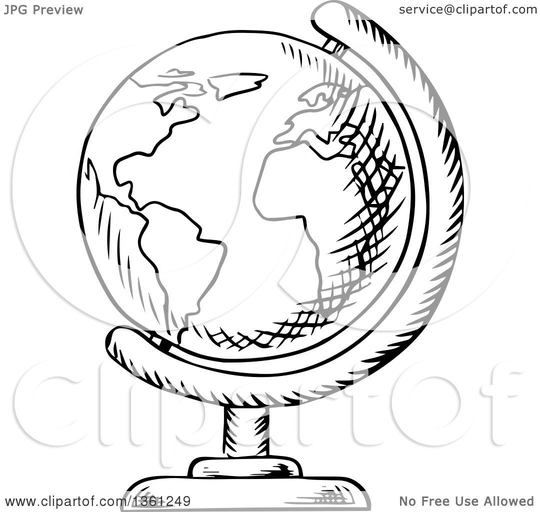 1080x1024 Clipart Of A Black And White Sketched Desk Globe