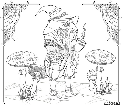 500x435 Vector Mythological Line Drawing Gnome Or Dwarf With Tobacco Pipe