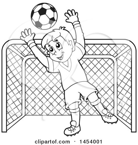 450x470 Clipart Of Blacknd White Lineart Soccer Goalie Boy Blocking