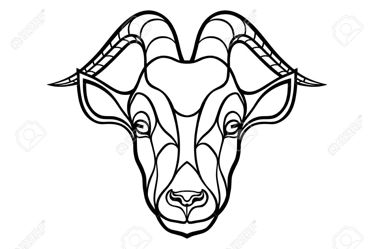 1300x866 Goat Head Coloring Silhouette On White Background. Royalty Free