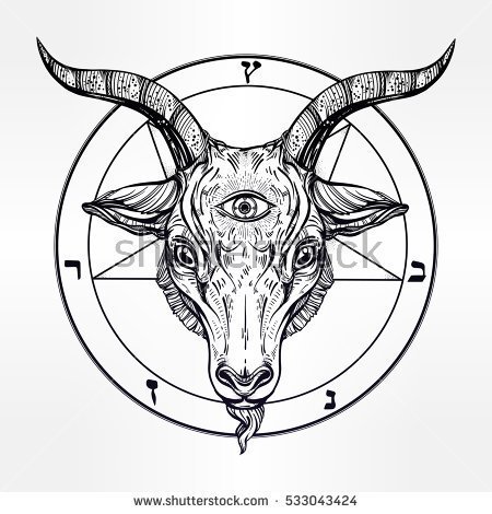 450x470 Pentagram With Demon Baphomet. Satanic Goat Head With Third Eye
