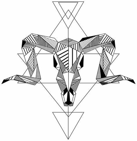 474x487 Black Ink Geometric Ram Skull On Outline Drawings Tattoo Design