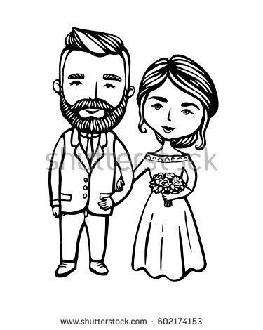375x470 Hipster Groom With Mustache, Beard With Bride. Doodle. Vector