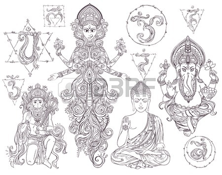 450x355 Set Hindu Gods Ganesh, Hanuman, Navratri, Buddha. Geometric