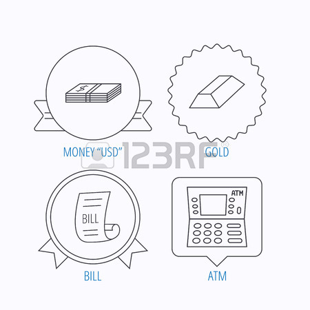 450x450 Colored Speech Bubbles. Atm, Cash Money And Bill Icons. Gold