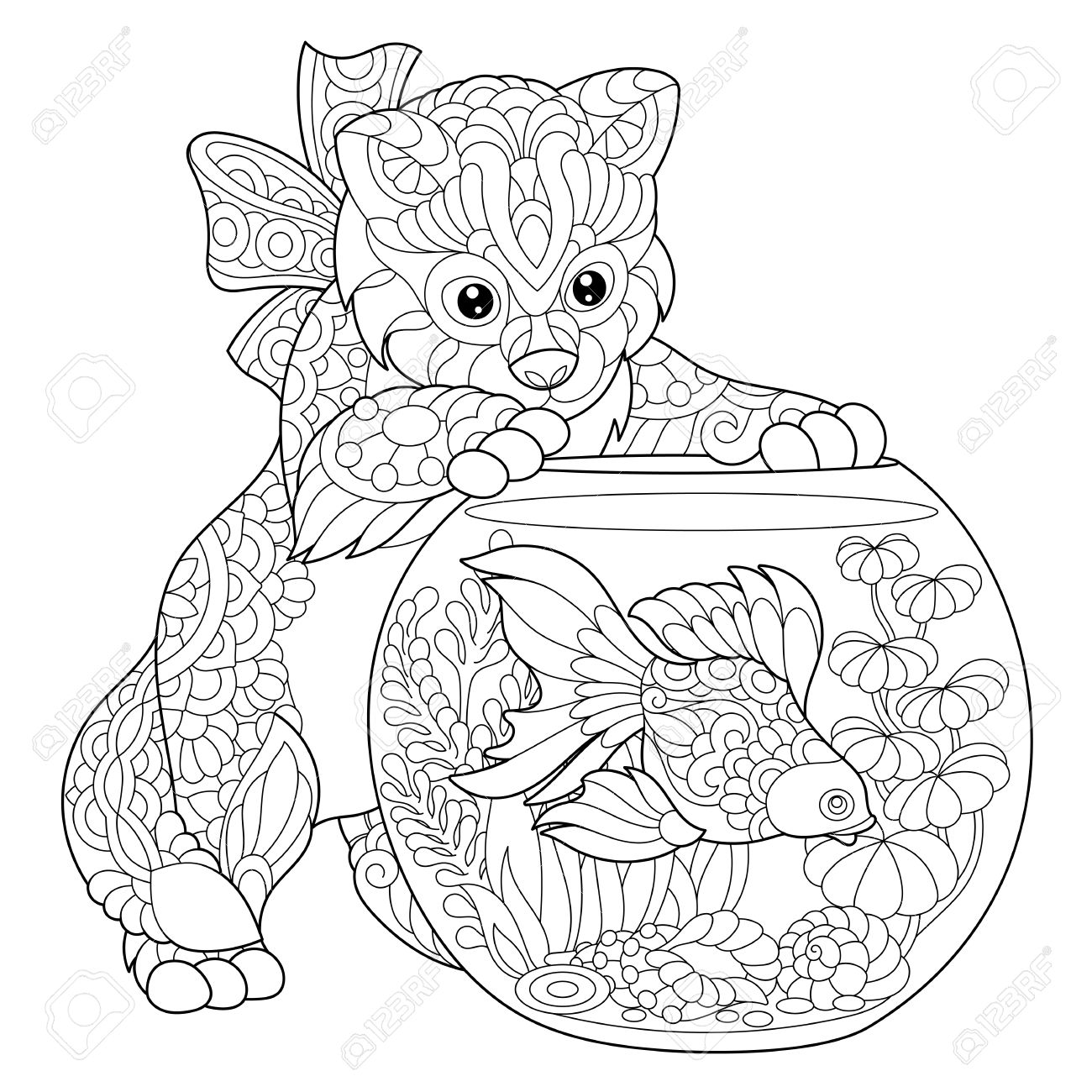 1300x1300 Coloring Page Of Kitten Wondering About Goldfish In Aquarium