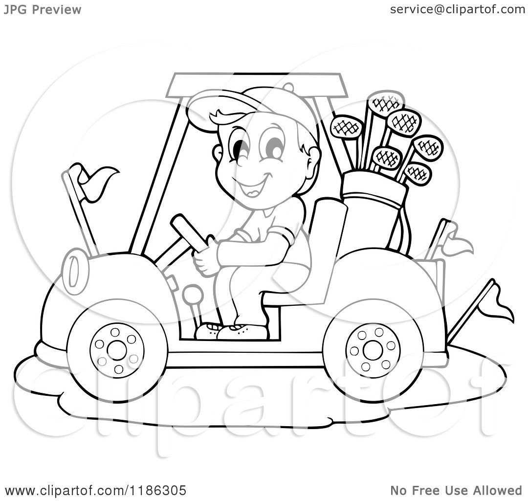 1080x1024 Cartoon Of An Outlined Happy Man Driving A Golf Cart