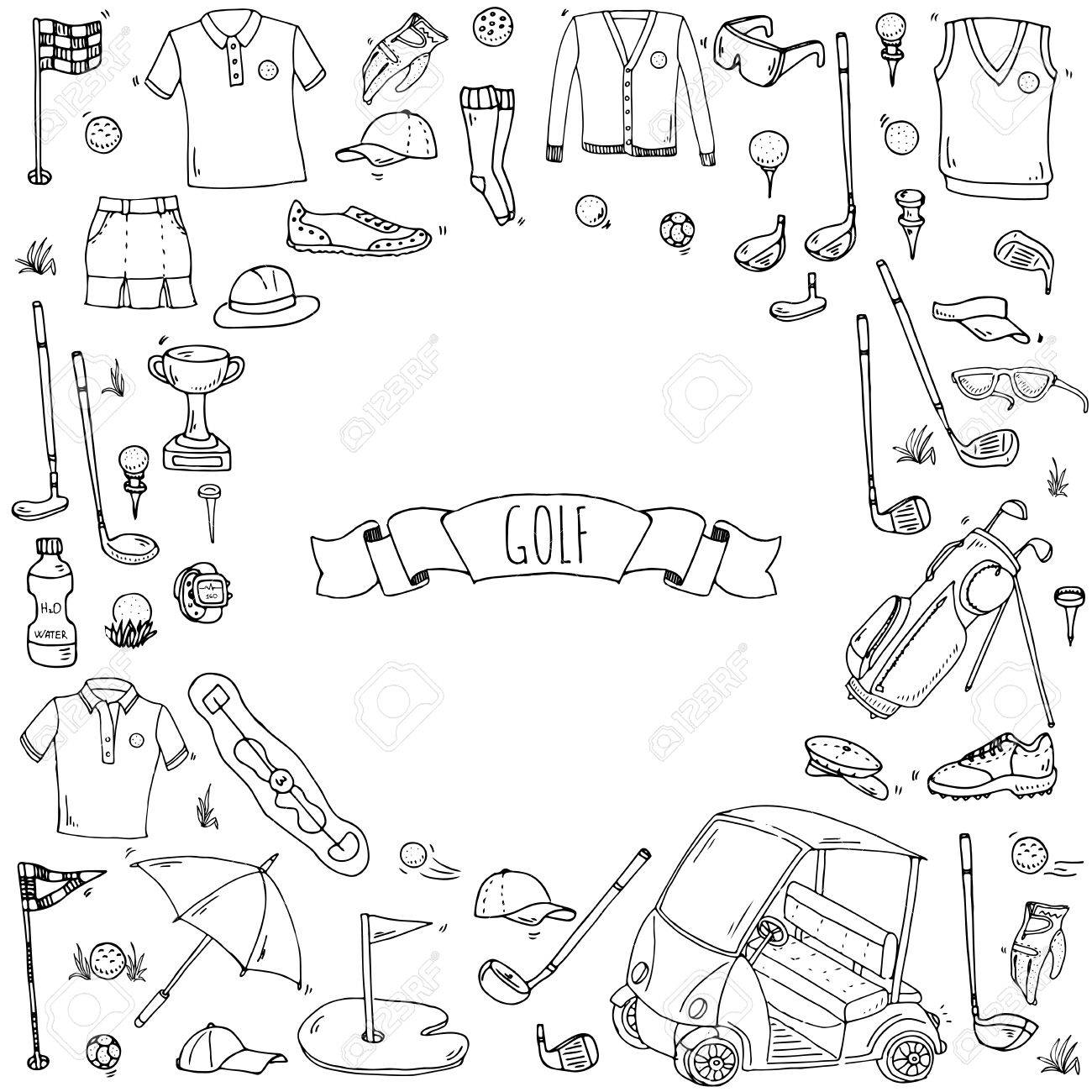 1300x1300 Hand Drawn Doodle Golf Icons Set. Vector Illustration. Game