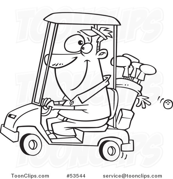 581x600 Cartoon Outlined Happy Guy Driving A Golf Cart
