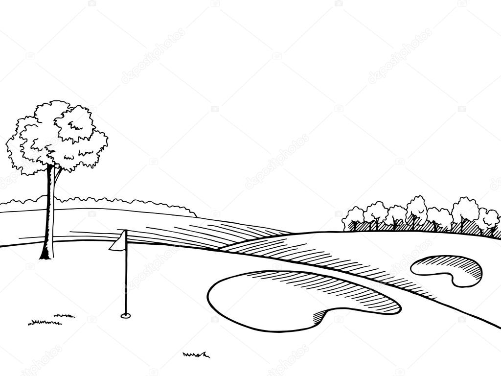 1024x768 Golf Course Graphic Art Black White Landscape Sketch Illustration