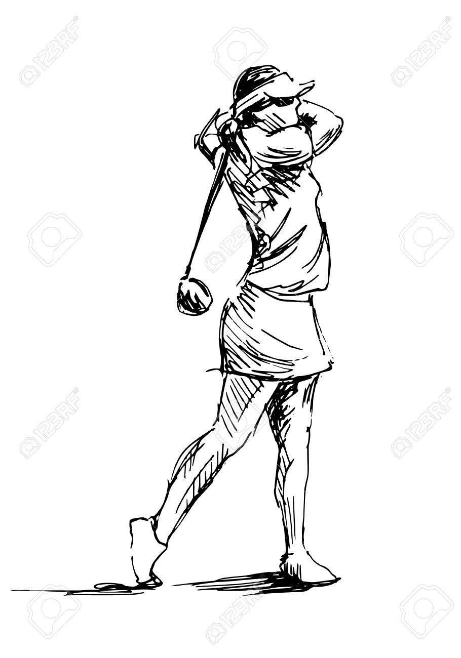 910x1300 Hand Sketch Woman Playing Golf Vector Illustration Royalty Free