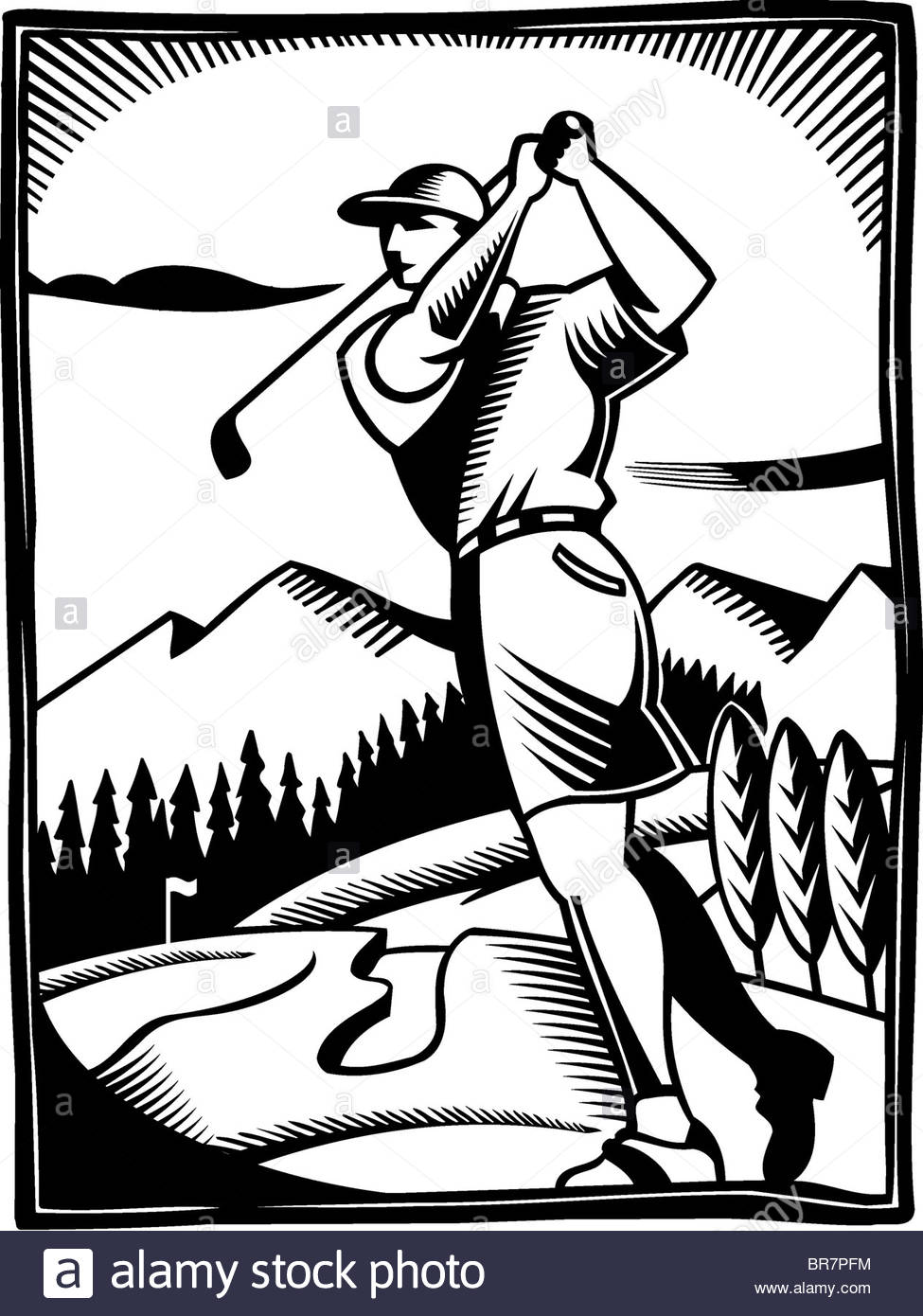 975x1390 A Black And White Drawing Of A Golfer
