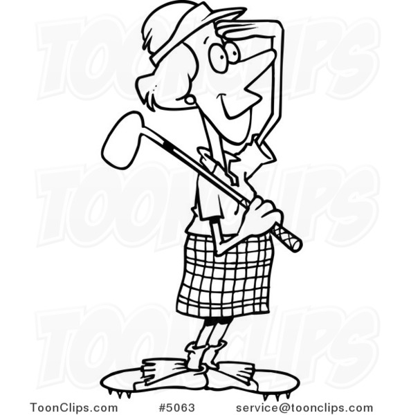 581x600 Cartoon Black And White Line Drawing Of A Female Golfer Viewing