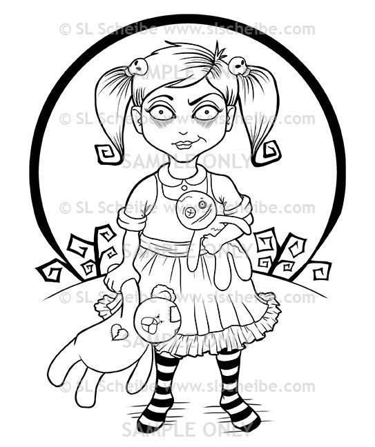 543x648 Digital Stamp, Cute Goth Girl, Girl With Teddy, Instant Download