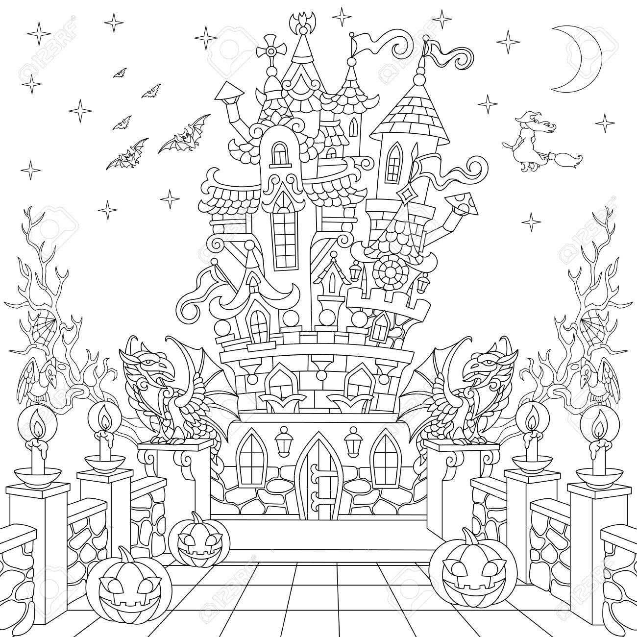 1300x1300 Halloween Coloring Page. Spooky Castle, Halloween Pumpkins, Flying