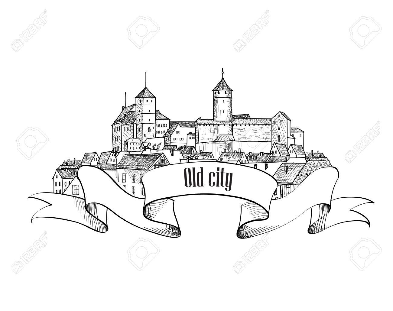 1300x1029 Old City Label Isolated. Downtown View. Medieval European Castle