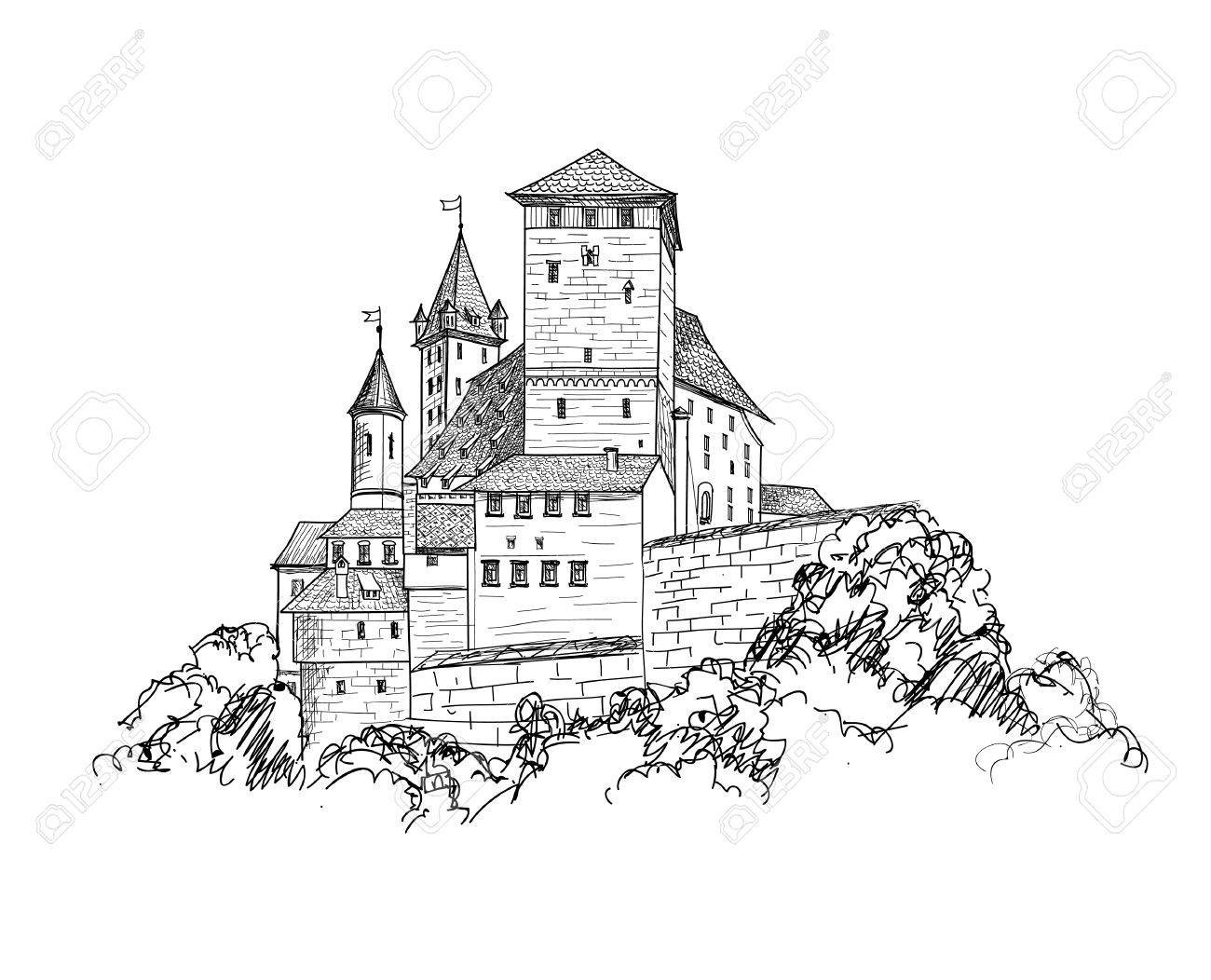 1300x1052 Ancient Castle Landscape Engraving. Tower Building Sketch Skyline
