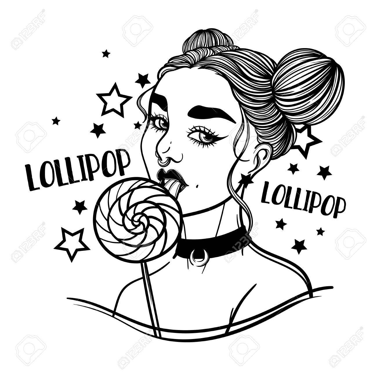 1300x1300 Cute Vector Art Card With Gothic Girl And Lollipop Sweet Candy