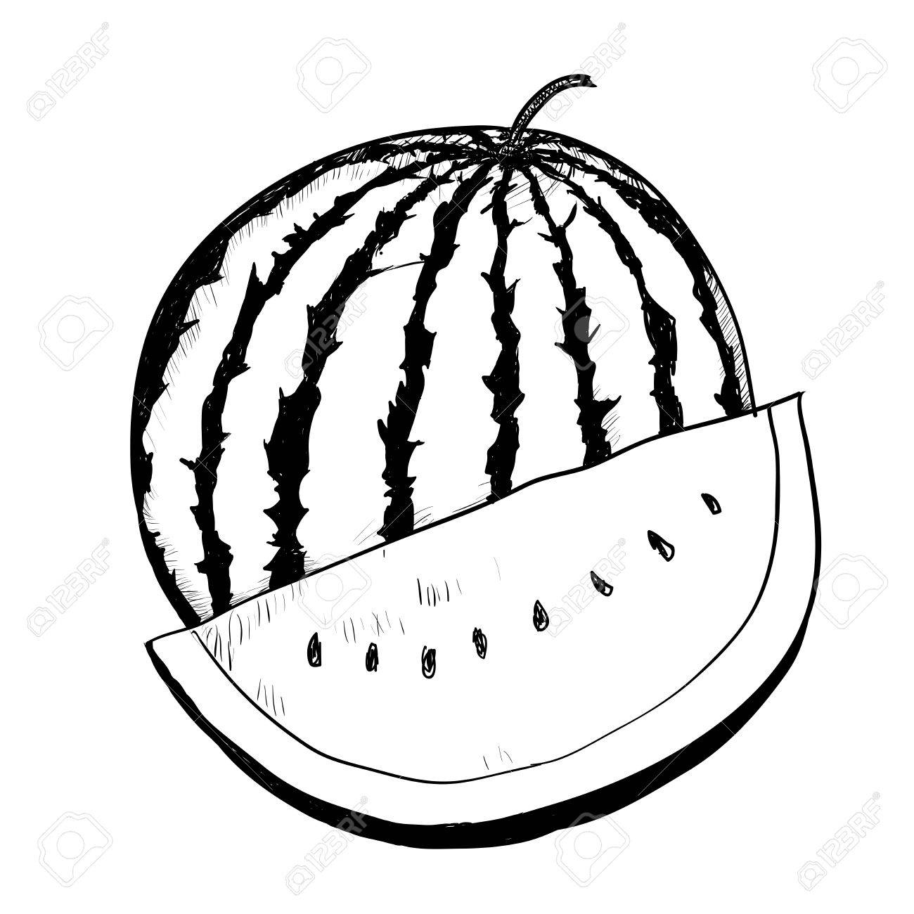 1300x1300 Hand Drawing Of Watermelon On White Background. Black And White