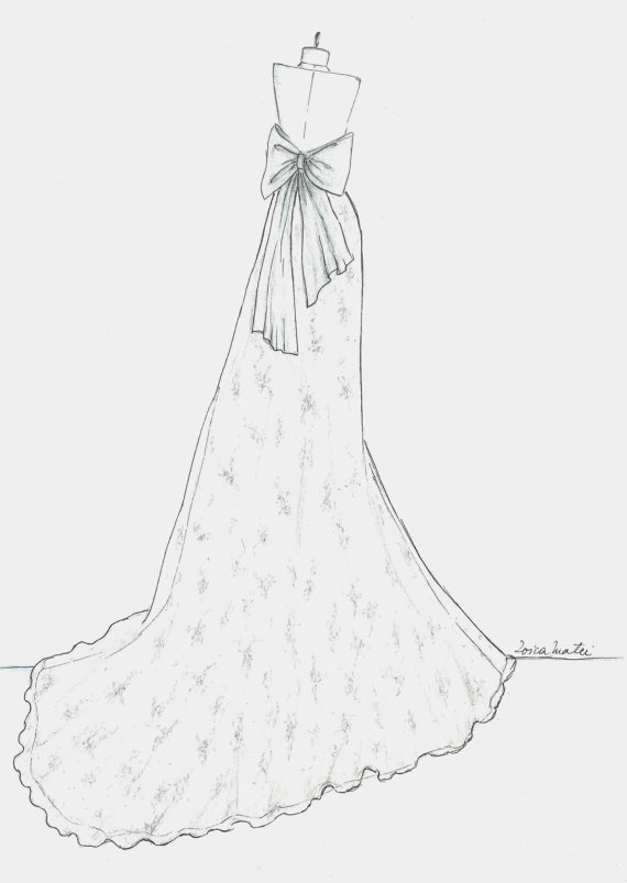 570x803 Custom Wedding Dress Sketch Back Wedding Gown Illustration By Zoia