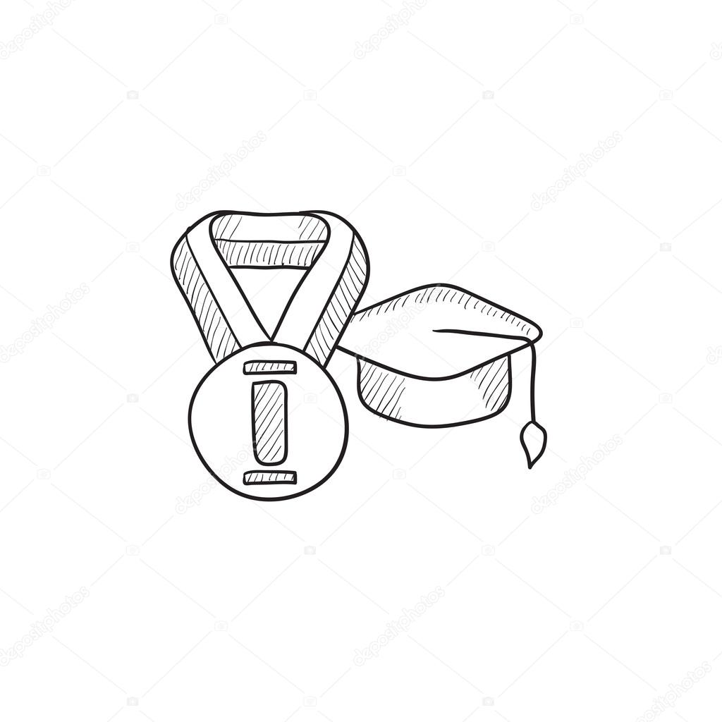 1024x1024 Graduation Cap With Medal Sketch Icon. Stock Vector Rastudio