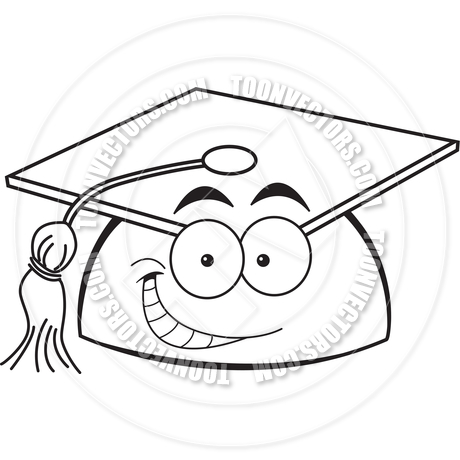 460x460 Cartoon Smiling Graduation Cap (Black And White Line Art) By