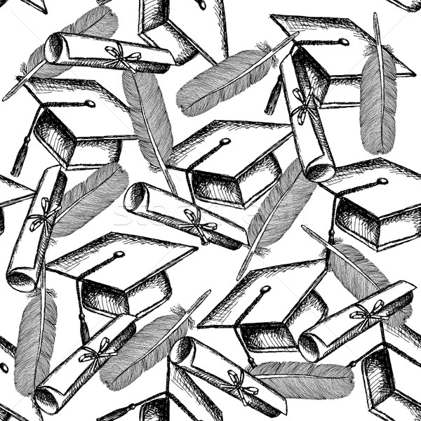 600x600 Sketch Graduation Hat, Diploma Scroll And Feather Vector