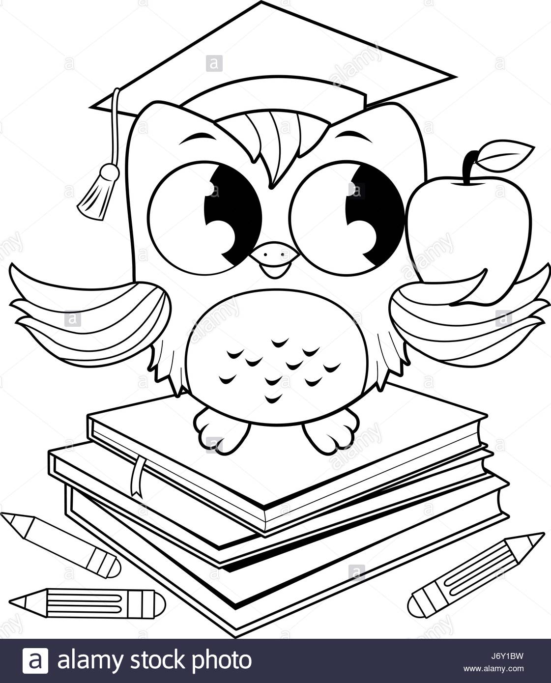 1121x1390 Owl On Books With Graduation Hat Coloring Book Page Stock Vector