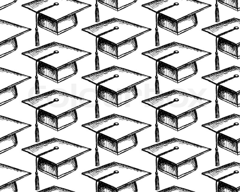 800x643 Sketch Graduation Cap, Seamless Pattern In Vintage Style Stock
