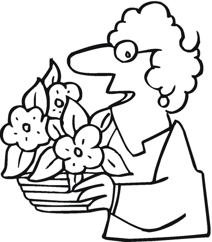 421x480 Grandmother With A Pot Of Flowers Coloring Page Free Printable