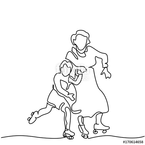 500x500 Continuous Line Drawing. Grandmother And Grandson Riding On Roller