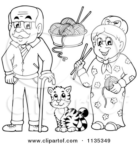 450x470 Cartoon Of Outlined Senior Grandparents With Yarn And A Cat