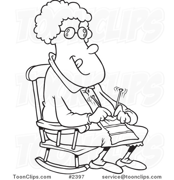 581x600 Cartoon Blacknd White Line Drawing Of Granny Knitting In