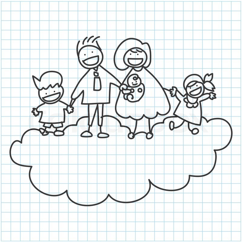 800x800 Hand Drawing Cartoon Character Happy Family On Graph Paper Stock