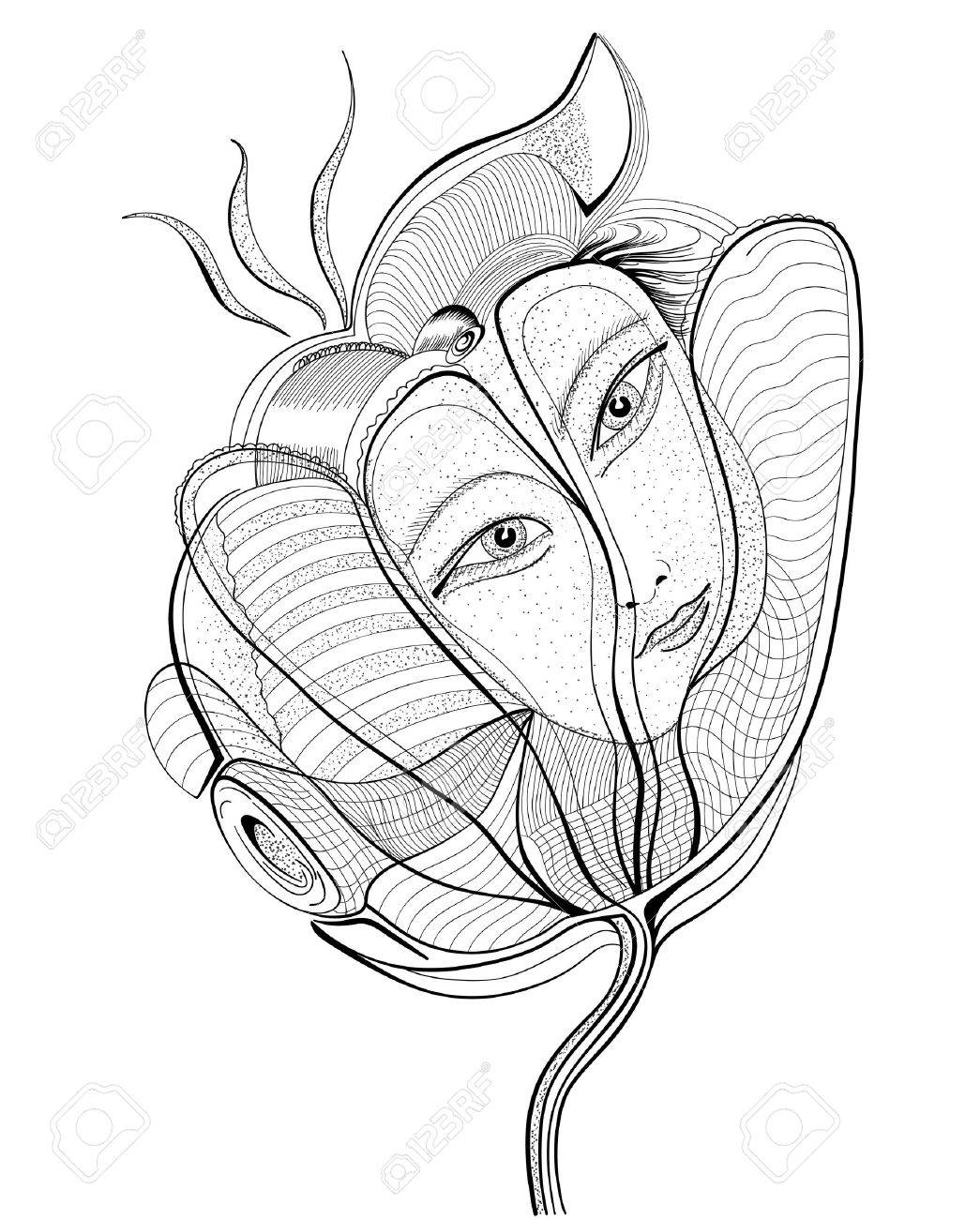 1045x1300 Surreal Hand Drawing Flower With Female Face. Abstract Graphic
