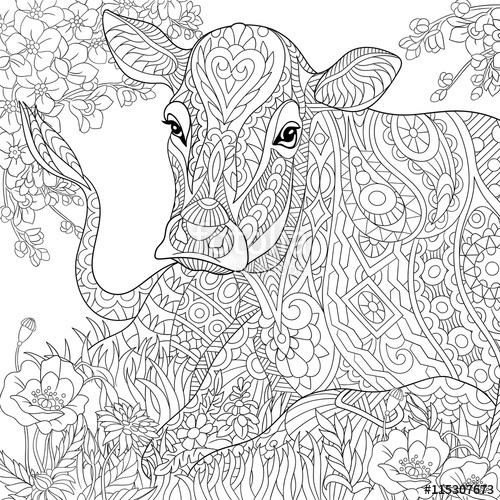 500x500 Zentangle Stylized Cartoon Pasturing Cow, Flower Blossom, Grass