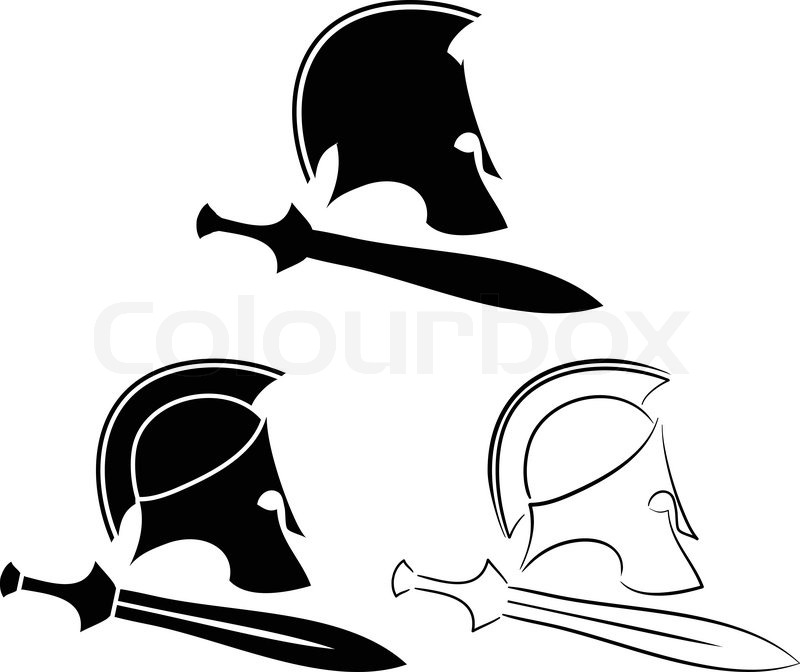 800x672 Set Of Ancient Helmets With Swords. Vector Illustration Stock